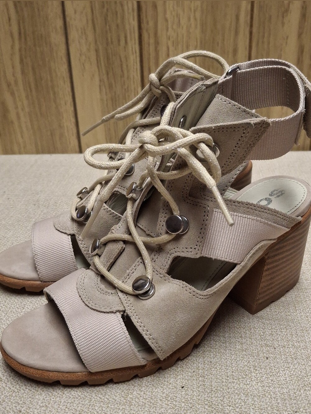 Sorel Taupe Lace-Up Block Heel Sandals Size 7